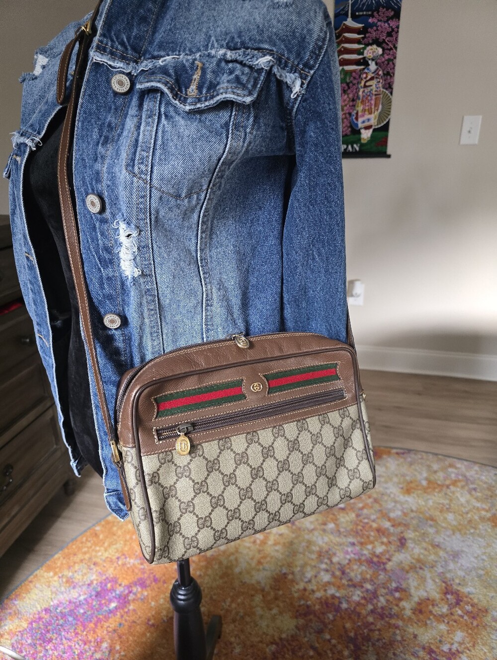 Authentic Gucci Brown Monogram Shoulder Bag with Green and Red Web Stripe